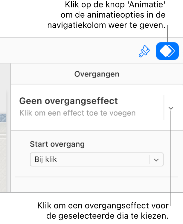 De knop 'Animatie' is geselecteerd in de knoppenbalk en 'Geen 'Animatie in' effect' wordt weergegeven in het pop‑upmenu 'Overgangen' in de navigatiekolom.