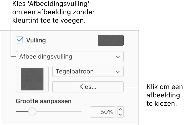 Het aankruisvak 'Vulling' is geselecteerd in de navigatiekolom en 'Afbeeldingsvulling' is gekozen in het pop‑upmenu onder het aankruisvak. Onder het pop‑upmenu staan regelaars voor het kiezen van een afbeelding, hoe deze het object vult en de schaal van de afbeelding. Er wordt een voorbeeld van de afbeeldingsvulling weergegeven in het vierkant (nadat je een afbeelding hebt geselecteerd).