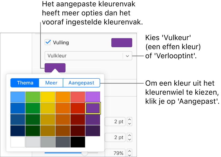 In het pop‑upmenu onder het aankruisvak 'Vulling' is 'Vulkleur' geselecteerd, waardoor het kleurenvak onder het pop‑upmenu meer vulkleuropties weergeeft.