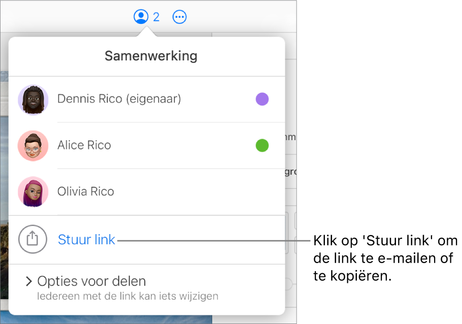Het geopende samenwerkingsmenu met de optie 'Stuur link' onder de lijst met deelnemers.