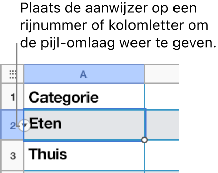 Er is een rijnummer geselecteerd in een tabel en rechts ervan wordt een pijl omlaag weergegeven.