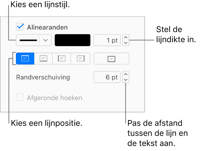Het aankruisvak 'Alinearanden' is ingeschakeld in het tabblad 'Lay-out' van de navigatiekolom 'Opmaak'. De regelaars voor de lijnstijl, kleur, dikte, positie en afstand tot de tekst worden onder het aankruisvak weergegeven.