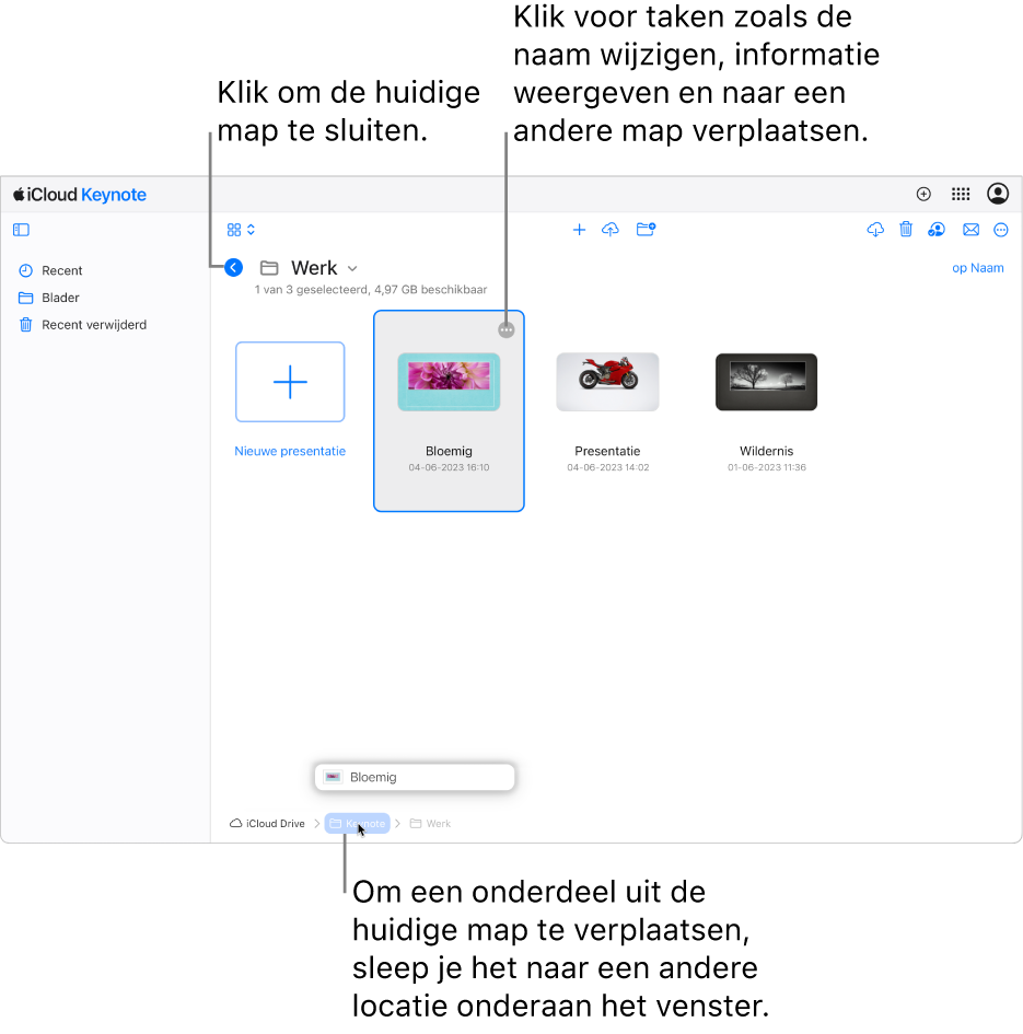 De documentmanager in de bladerweergave waarin een presentatie naar een nieuwe locatie (de Keynote-map) onderaan het venster wordt gesleept. Onder de knoppenbalk staat een terugknop links van de naam van de huidige map ('Work').
