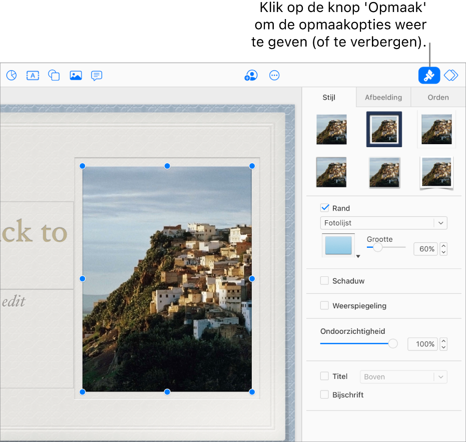 Een afbeelding in een presentatie is geselecteerd, en de regelaars om het uiterlijk te wijzigen (zoals aankruisvakken voor de rand en schaduw) worden weergegeven in de navigatiekolom aan de rechterkant.