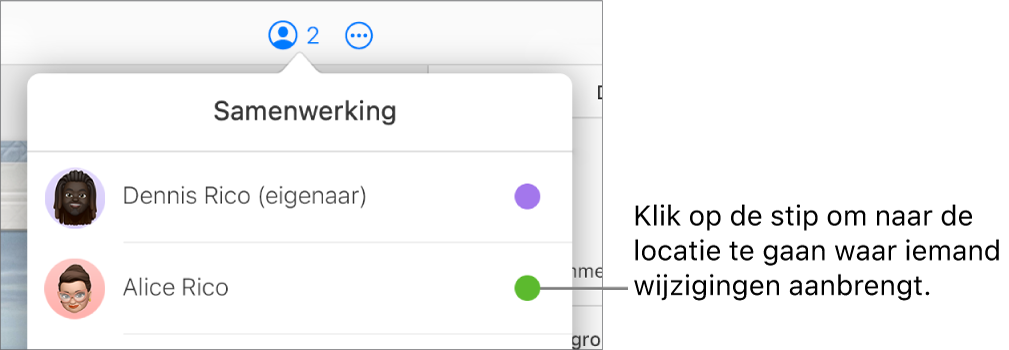 Het geopende samenwerkingsmenu met twee deelnemers en een verschillende kleur stip naast elke naam.