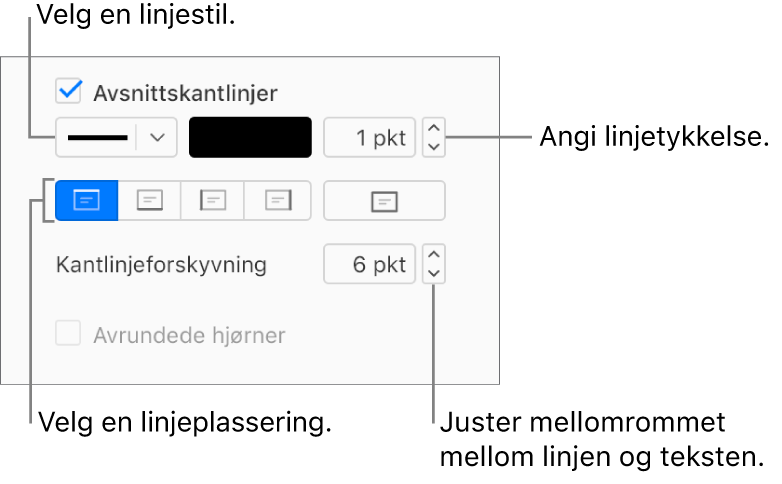 Det er krysset av i Avsnittskantlinjer-ruten i Layout-fanen i Format-sidepanelet. Kontroller for å endre stil, farge, bredde, plassering og forskyvning for linjen vises under avkrysningsruten.