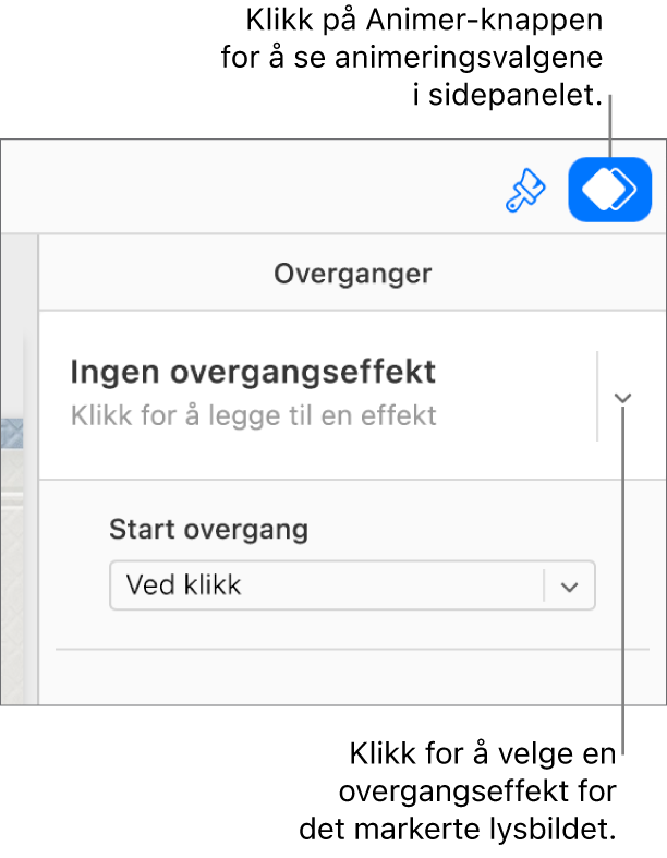 Animer-knappen er valgt på verktøylinjen, og «Ingen bygg inn-effekt» vises på Overganger-lokalmenyen i sidepanelet.