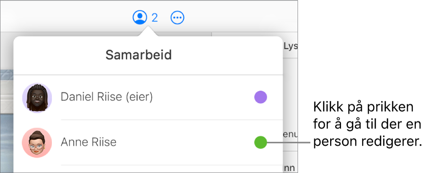 Samarbeid-menyen er åpen, med to deltakere og en forskjellig farget prikk til høyre for hvert navn.