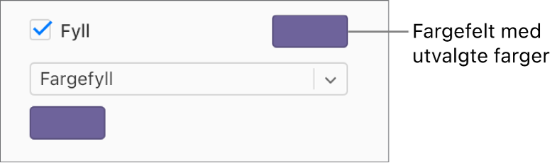 Det er krysset av i Fyll-ruten i sidepanelet, og det forhåndsinnstilte fargefeltet til høyre for avkrysningsruten er fylt med lilla. Fargefyll er markert i en lokalmeny under avkrysningsruten.