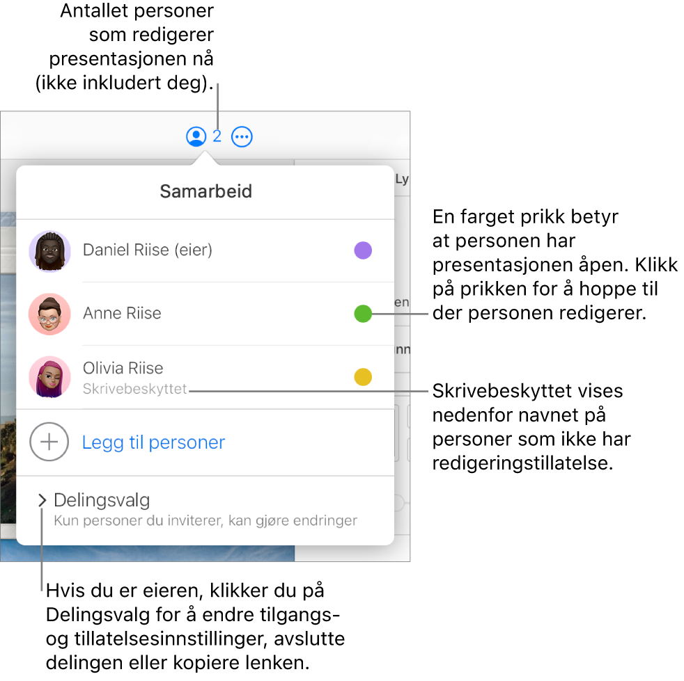 Samarbeid-menyen er åpen, med en liste med tre deltakere (én med Skrivebeskyttet tilgang), valget Legg til personer samt en Delingsvalg-del.