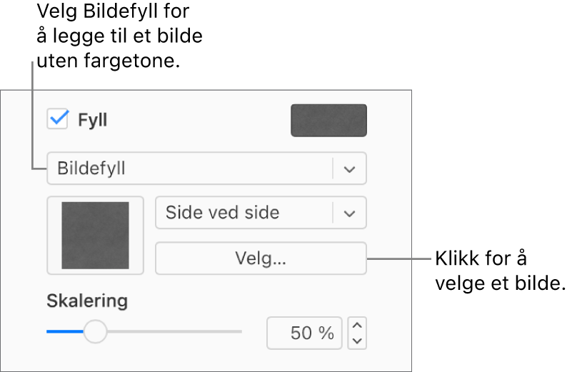 Det er krysset av i Fyll-ruten i sidepanelet, og Bildefyll er valgt på lokalmenyen under avkrysningsruten. Kontroller for valg av bilde, hvordan det fyller objektet, og bildeskaleringen vises under lokalmenyen. En forhåndsvisning av fargefyllet vises i firkanten (etter et bilde er valgt).