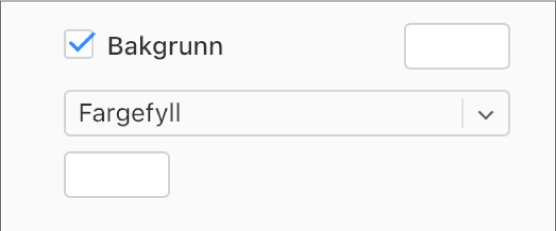 Det er krysset av i Bakgrunn-ruten i sidepanelet, og det forhåndsinnstilte fargefeltet til høyre for avkrysningsruten er fylt med hvit. Under avkrysningsruten er Fargefyll valgt i en lokalmeny, og under der igjen er feltet for tilpasset farge fylt med hvit.