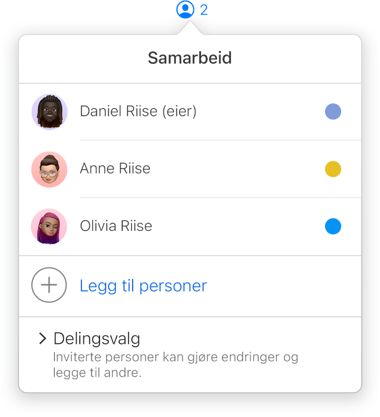 Samarbeid-menyen viser navnene på personene som samarbeider på en presentasjon. Delingsvalg vises under navnene.
