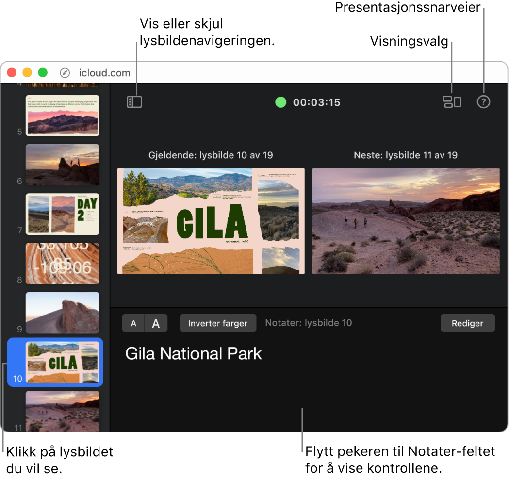 Presentatørskjermen er åpen og knappene for å åpne og lukke lysbildenavigeringen, skjermvalgene og presentatørsnarveiene er plassert øverst i vinduet. Det gjeldende og de neste lysbildene vises i midten, og under lysbildene vises feltet for presentatørnotater som gjelder for det gjeldende lysbildet. Lysbildenavigeringen er på venstre side av vinduet.