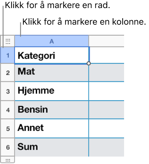 En markert tabellrad med bildeforklaringer for rad- og kolonnevalg.