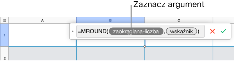 Edytor formuł z wprowadzoną formułą SUMA z opisem tokena argumentu wartości.