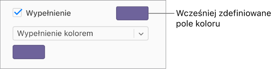 Pole wyboru Wypełnienie jest zaznaczone na pasku bocznym, a wstępnie ustawione pole koloru z prawej strony pola wyboru jest wypełnione kolorem purpurowym. W menu podręcznym pod polem wyboru wybrana jest opcja Wypełnienie kolorem.