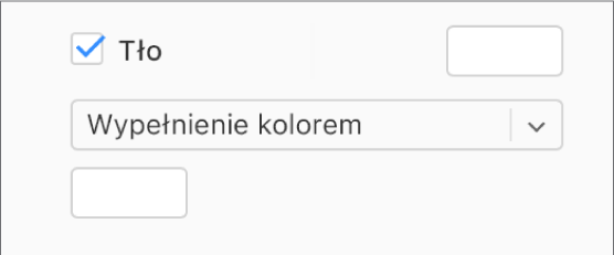 Pole wyboru Tło jest zaznaczone na pasku bocznym, a wstępnie ustawione pole koloru z prawej strony pola wyboru jest wypełnione kolorem białym. W menu podręcznym pod polem wyboru wybrana jest opcja Wypełnienie kolorem, a pod nim własne pole koloru jest wypełnione kolorem białym.
