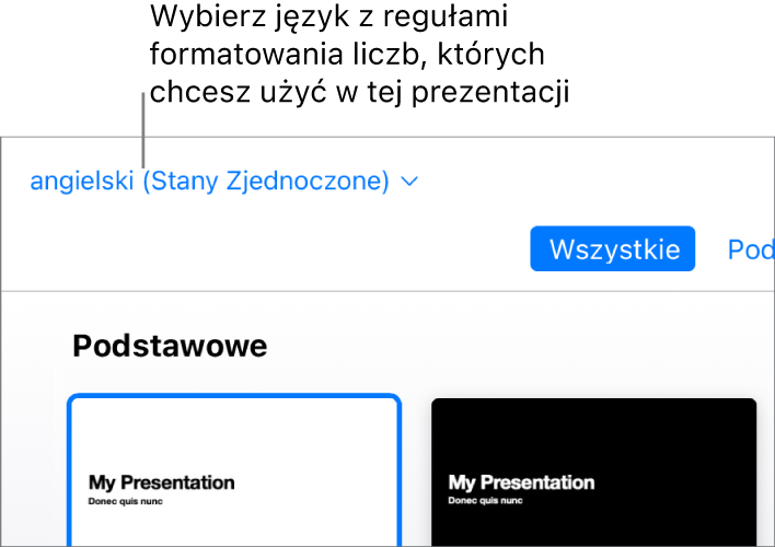 Menu podręczne w lewej górnej części palety motywów z wybraną opcją Angielski (USA).