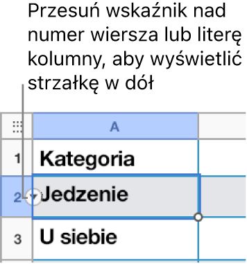 Numer wiersza jest zaznaczony w tabeli, a po jego prawej stronie widoczna jest strzałka w dół.