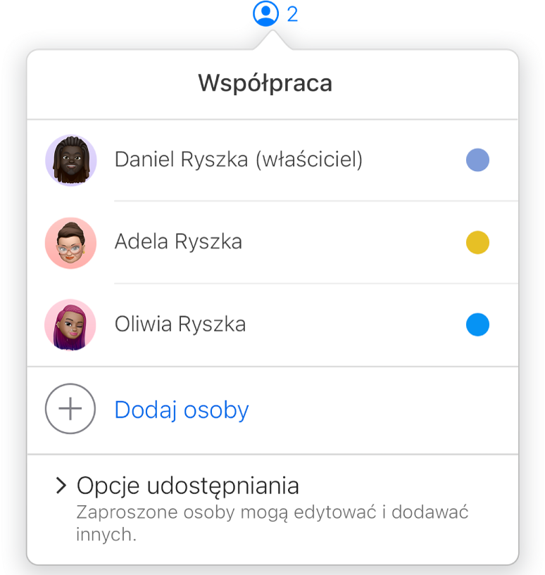 Menu współpracy zawierające nazwiska osób wspólnie pracujących nad prezentacją. Poniżej widoczne są opcje udostępniania.