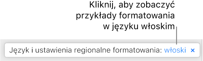 Komunikat o treści „Język i ustawienia regionalne formatowania: Włoski”.
