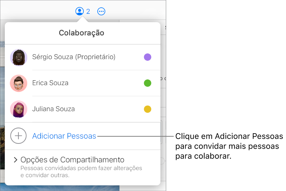 O menu Colaboração aberto, com a opção Adicionar Pessoas abaixo da lista de participantes.