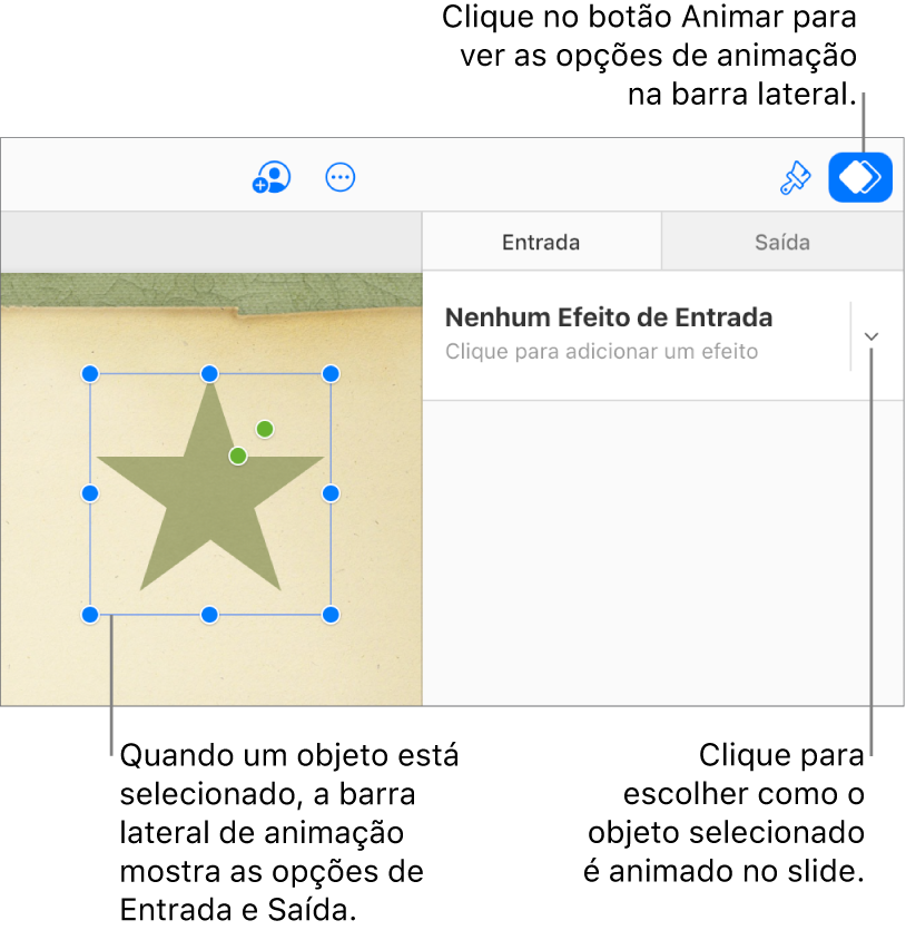 Um objeto está selecionado no slide, o botão Animar está selecionado na barra de ferramentas e “Nenhum Efeito de Entrada” está sendo mostrado no menu pop-up Entrada na barra lateral.