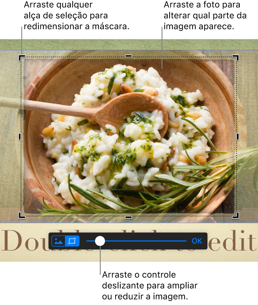 Uma imagem selecionada com controles de máscara visíveis na parte inferior. Textos explicativos indicam uma alça de seleção de canto, o limite da imagem e o controle deslizante do controle de máscara.