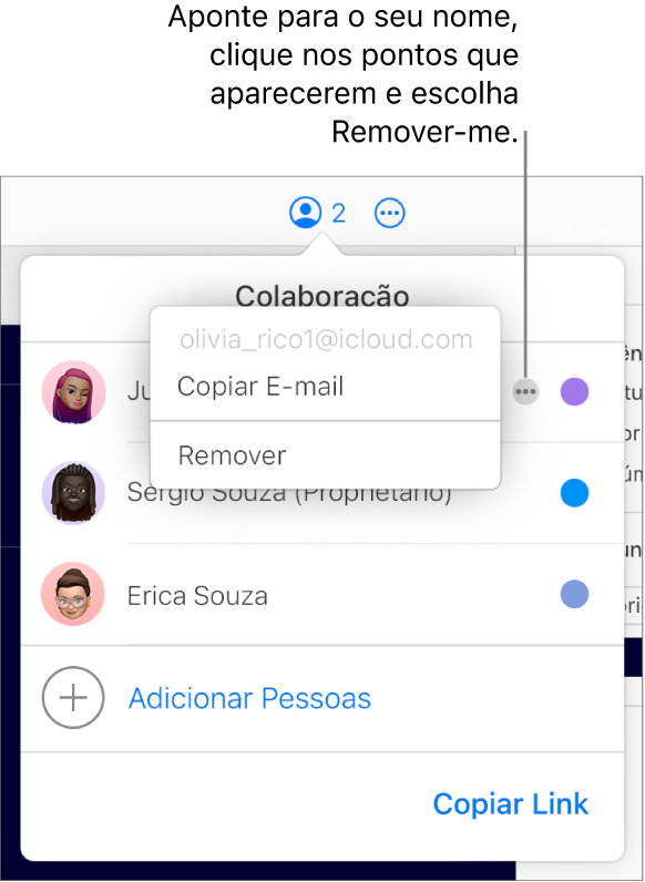 O menu Colaboração aberto, com o botão Mais à direita do primeiro participante clicado e a opção Remover disponível.