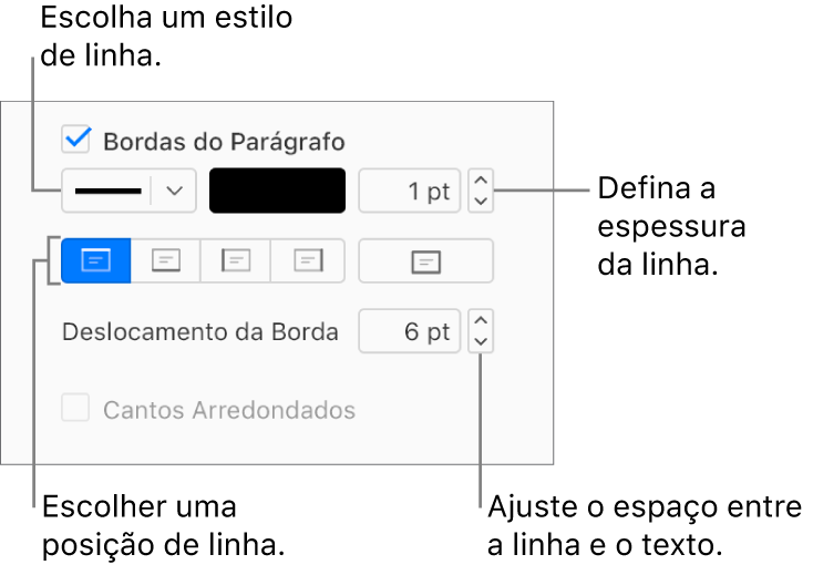 A caixa de seleção Bordas do Parágrafo está selecionada na aba Layout da barra lateral Formatar e os controles para alterar o estilo, a cor, a espessura, a posição e o deslocamento do texto são mostrados abaixo da caixa de seleção.