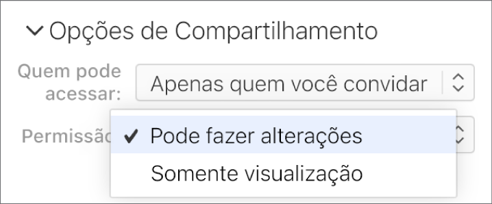 O menu pop-up Permissão abaixo de Opções de Compartilhamento está aberto, com opções que permitem que as pessoas façam alterações na apresentação ou apenas a visualizem.