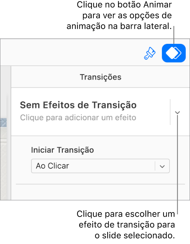 O botão Animar está selecionado na barra de ferramentas e “Nenhum Efeito de Entrada” está sendo mostrado no menu pop-up Transições na barra lateral.