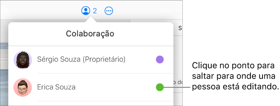 O menu Colaboração aberto, com dois participantes e um ponto de cor diferente à direita de cada nome.