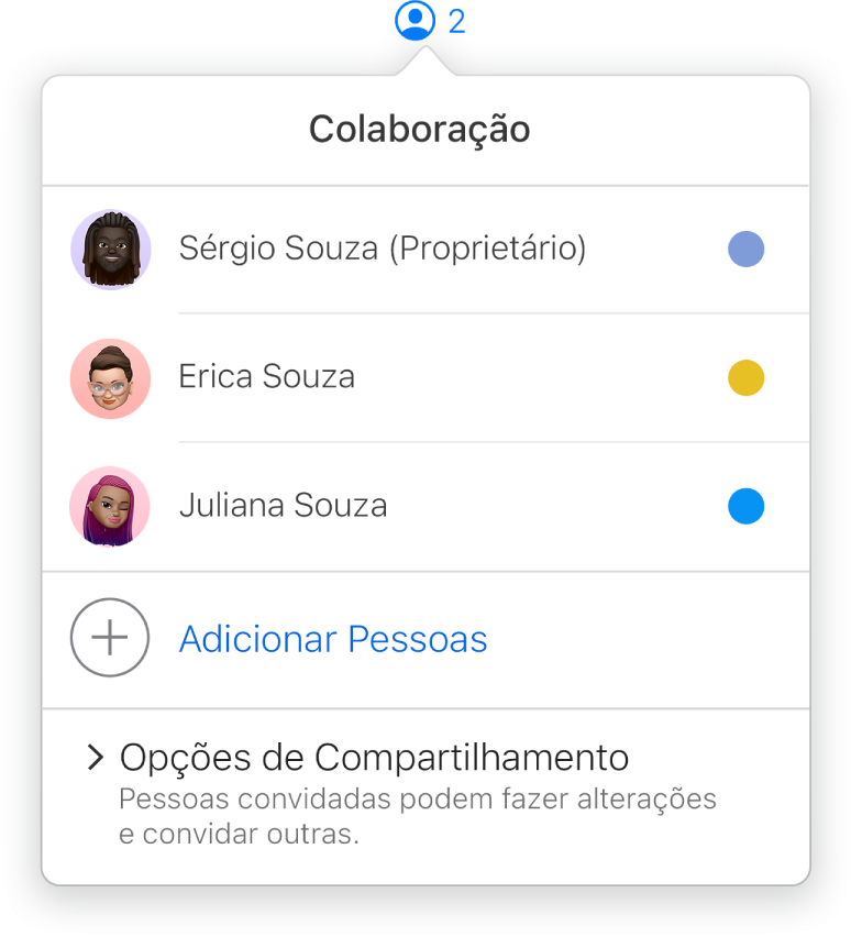 Menu Colaboração mostrando os nomes das pessoas que estão colaborando na apresentação. As opções de compartilhamento se encontram abaixo dos nomes.