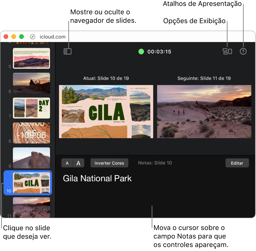 A tela do apresentador está aberta, com botões para abrir e fechar o navegador de slides, opções da tela e atalhos de apresentação ao longo da parte superior da janela. Os slides atual e seguinte aparecem ao centro. Abaixo dos slides, o campo de notas do apresentador mostra as notas do slide atual. Ao longo do lado esquerdo da janela está o navegador de slides.
