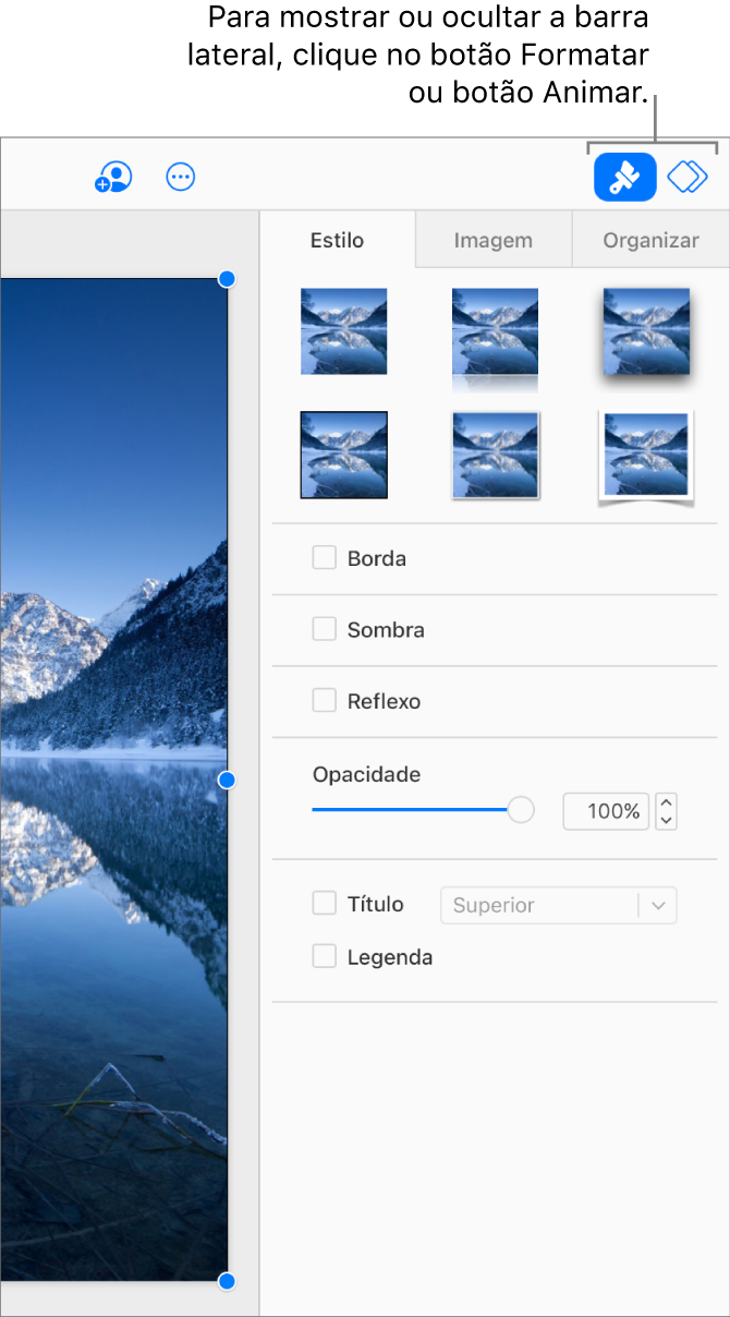 O botão Formatar está selecionado na barra de ferramentas e controles de estilo, sombra e outros tipos de formatação aparecem na barra lateral à direita do slide.