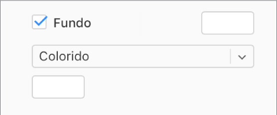A caixa de seleção Plano de fundo está marcada barra lateral, e o seletor de cores predefinidas à direita da caixa de seleção está preenchido com a cor branca. Abaixo da caixa de seleção, Preenchimento de cor está selecionado em um menu pop-up e, abaixo dele, o seletor de cores personalizadas está preenchido com a cor branca.