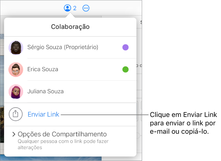 O menu Colaboração aberto, com a opção Enviar Link abaixo da lista de participantes.