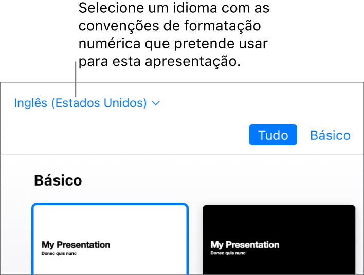 O menu pop-up no canto superior esquerdo da lista de temas com inglês (Estados Unidos) selecionado.