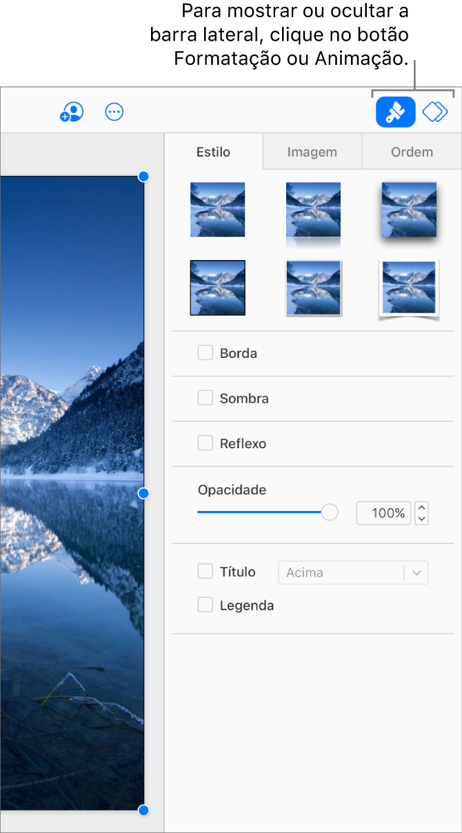 O botão "Formatação” está selecionado na barra de ferramentas e o estilo, sombra e outros controlos de formatação aparecem na barra lateral à direita do diapositivo.
