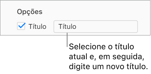 Na secção “Opções de gráficos” da barra lateral "Formatação”, a opção “Título” está assinalada. O campo de texto à direita da opção assinalável mostra o marcador de posição de título do gráfico, “Título”.