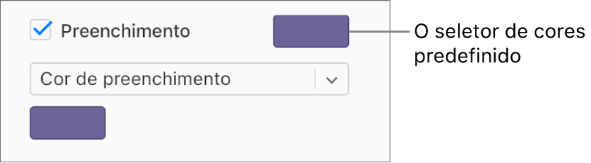 A opção “Preenchimento” está assinalada na barra lateral e o seletor de cores predefinido à direita da opção assinalável está preenchido a roxo. Sob a opção assinalável, a opção "Preenchimento de cor” está selecionada no menu pop-up.