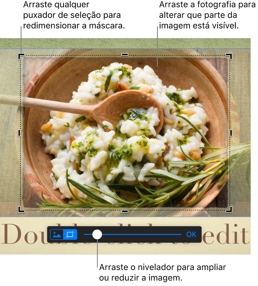 Uma imagem selecionada com os controlos de máscara visíveis na parte inferior. As legendas indicam um puxador de seleção no canto, a borda da imagem e o nivelador no controlo da máscara.
