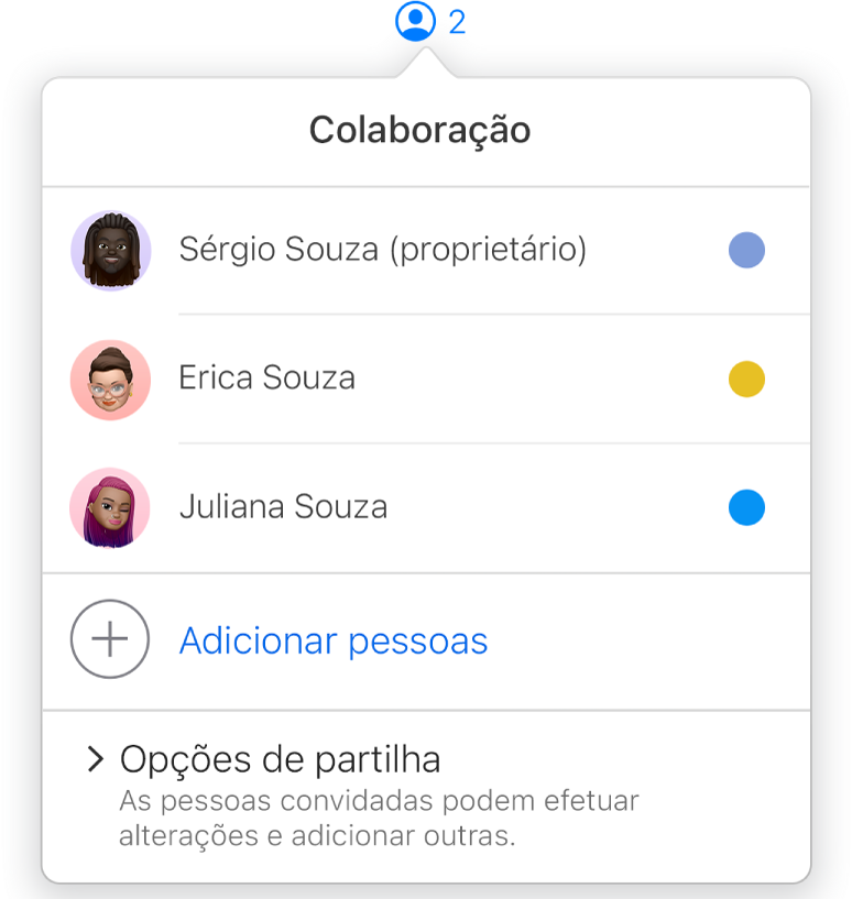 O menu Colaboração a apresentar os nomes das pessoas que estão a colaborar na apresentação. As opções de partilha estão por baixo dos nomes.