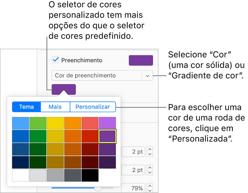 A opção “Preenchimento de cor” está selecionada no menu pop-up sob a opção assinalável “Preenchimento” e a paleta de cores sob o menu pop-up apresenta opções adicionais de preenchimento de cor.