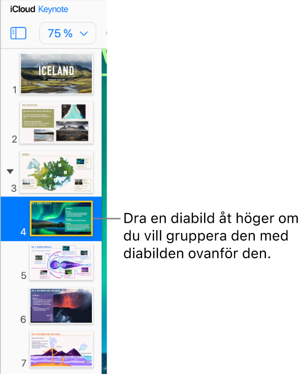 Diabildsnavigatorn i Keynote för iCloud med en diabild som dras åt höger
