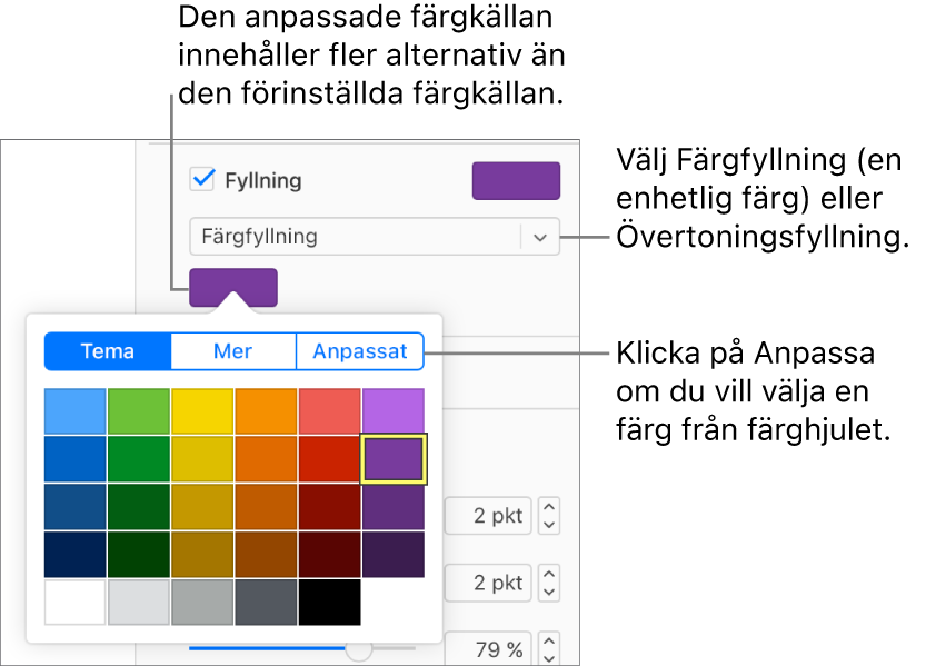 Färgfyllning har valts i popupmenyn Fyllning och färgkällan nedanför popupmenyn visar ytterligare alternativ för färgfyllning.