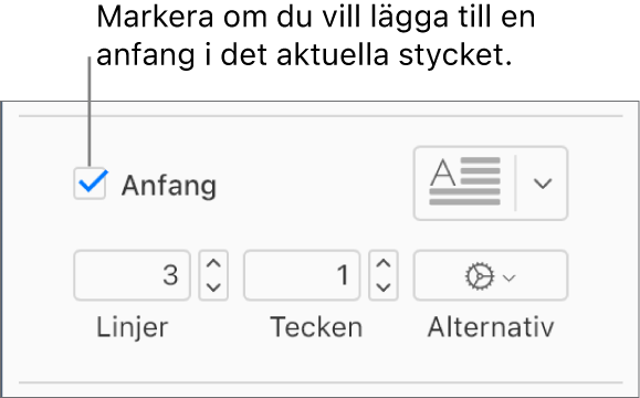 Kryssrutan Anfang är markerad och en popupmeny visas till höger om den, reglage för att ange radavstånd, antal tecken och andra alternativ visas under den.