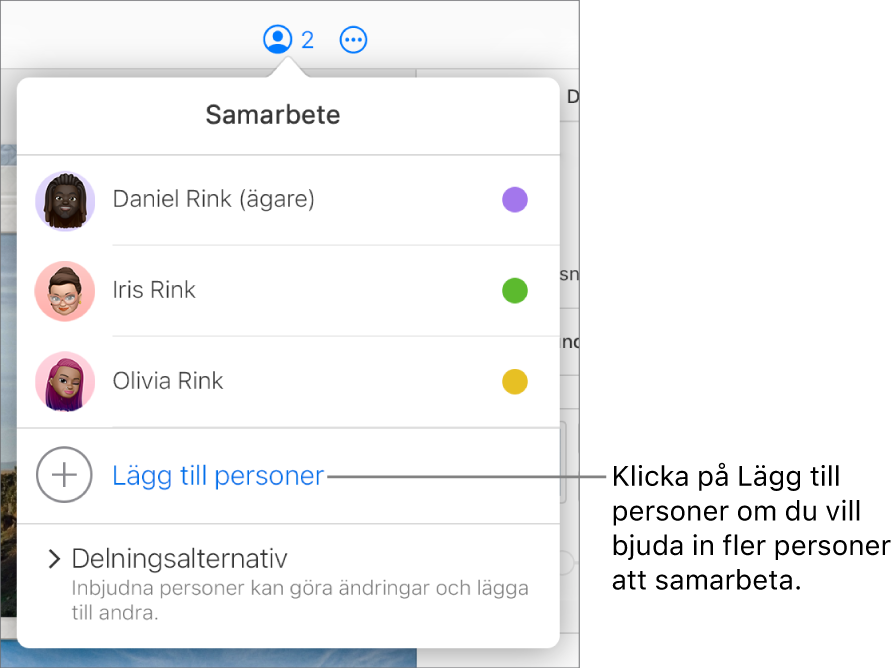 Menyn Samarbete är öppen med alternativet Lägg till personer nedanför deltagarlistan.